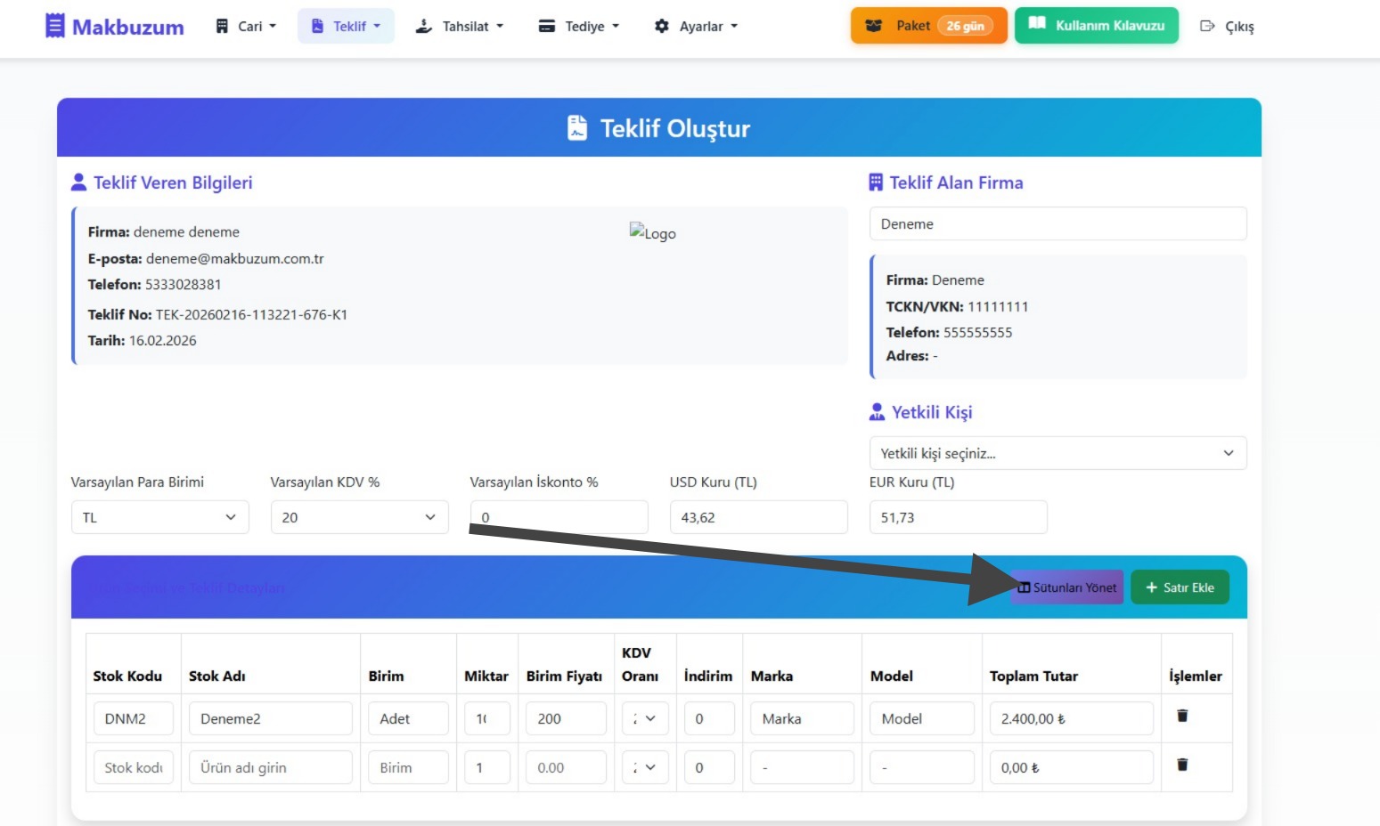 Sütun ayarlaması için sütun yönetimini tıkla