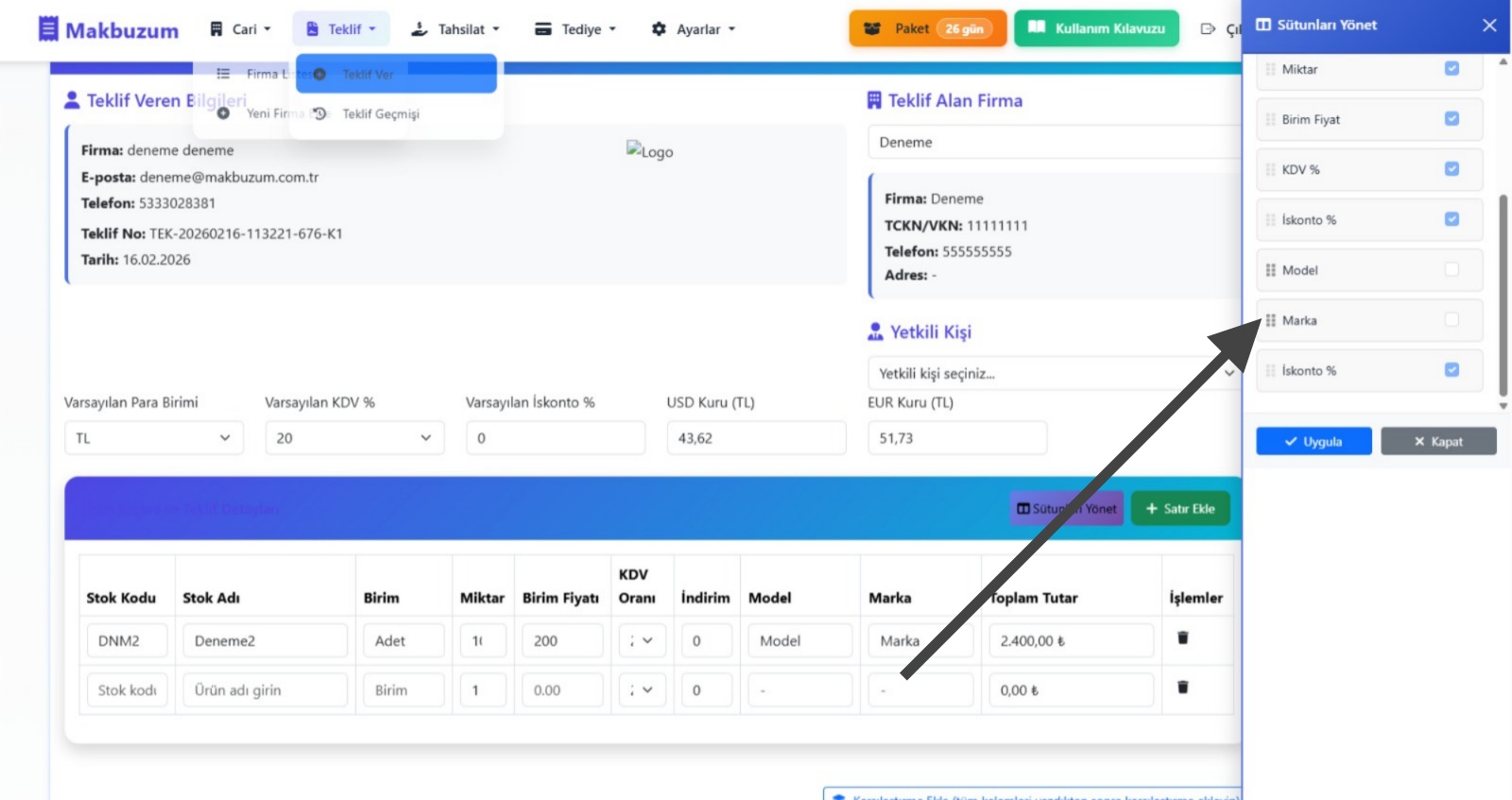 Sütunları kapatmak için tıklayın